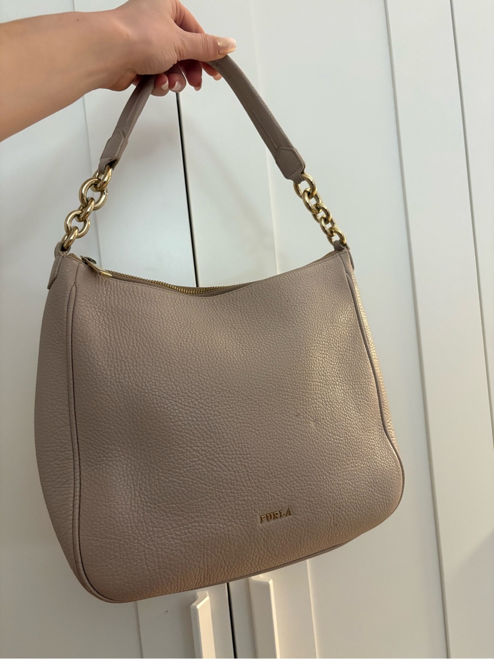 Furla Beige Leather Shoulder Bag with Gold Logo